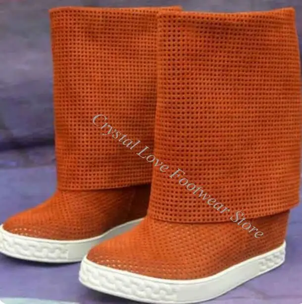 Botas de ante de vaca perforado en color naranja, verde menta y con diseño de cuña interior, tacón oculto, cuello alto, de doble uso, estilo romano, sin cordones.