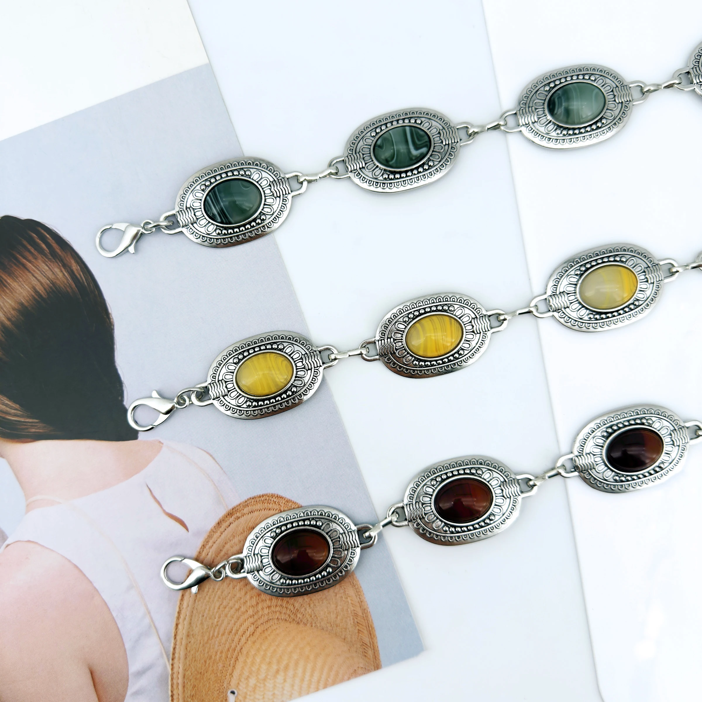 حزام نسائي بوهيمي عتيق على الطراز العرقي بيضاوي مرصع بحجر كهرماني كاجوال فاخر، مع فستان، ملابس متعددة الاستخدامات راقية