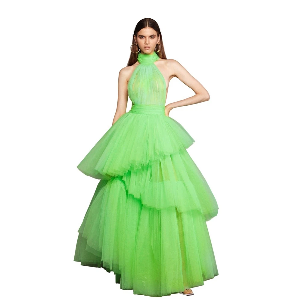 Vestidos De Baile De Malha De Pescoço Alto, Ruffles Chic Sem Mangas, Tule Em Camadas, Vestido De Noite Longo, Puffy A Line, Vestidos De Festa Formais