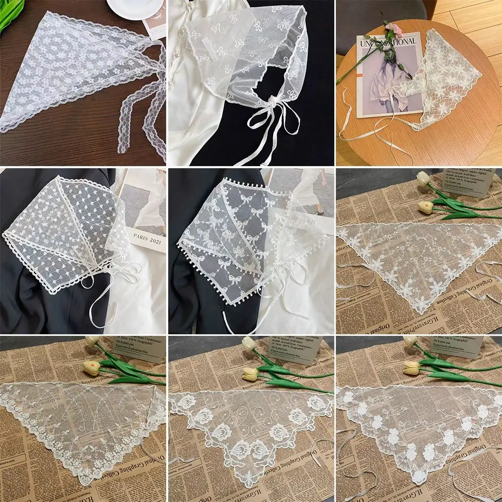 Sweet Embroidered Lace Triangle Headscarf White Pastoral Style Hair Bandana Hollow-out Woven Floral Lace Skirt Hair Accessories