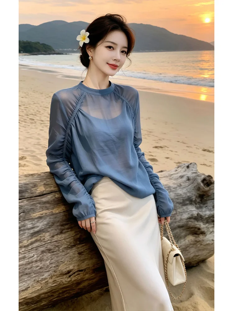 

Summer 2026 Women's Casual Loose Long Sleeve Shirt Thin Breathable Lightweight Folding Design Commute Style Comfortable Shirt