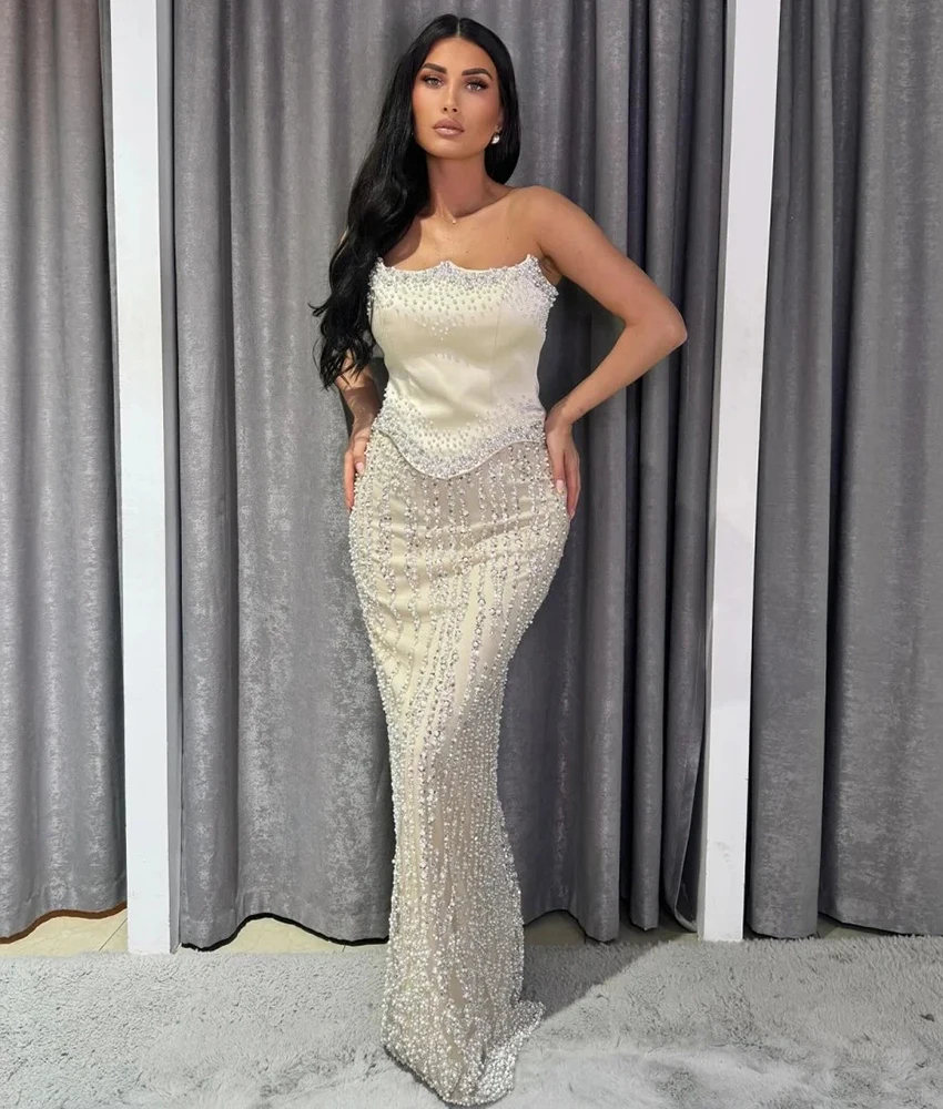 Customized Exquisite Tulle Straight Beading Sequined Evening Dress Graceful Strapless Sleeveless Floor Length Prom Gowns