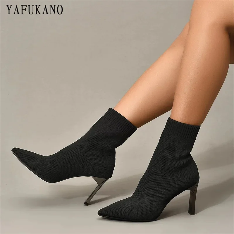 Minimalist Knit Design Chunky Sock Boots Metal Blade Heels Women Stretch Fabric Elastic Pointed Toe Ankle Boots Plus Size 34-41