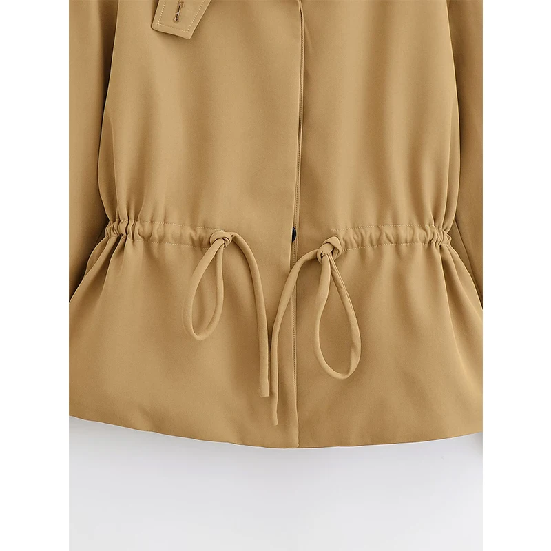 Коричневая куртка с регулируемыми завязками на талии для женщин, уличное пальто с длинными рукавами и пуговицами спереди, женское весенне-осеннее пальто