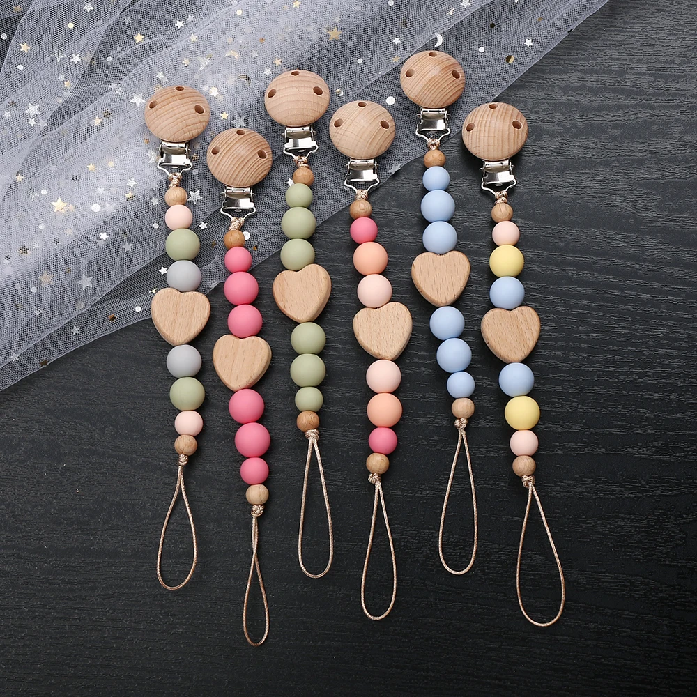 New Beech Wooden Heart Beads Baby Pacifier Chain Clip Silicone Beads Dummy Nipple Holder Teether Pendant for Newborn Toys Gift