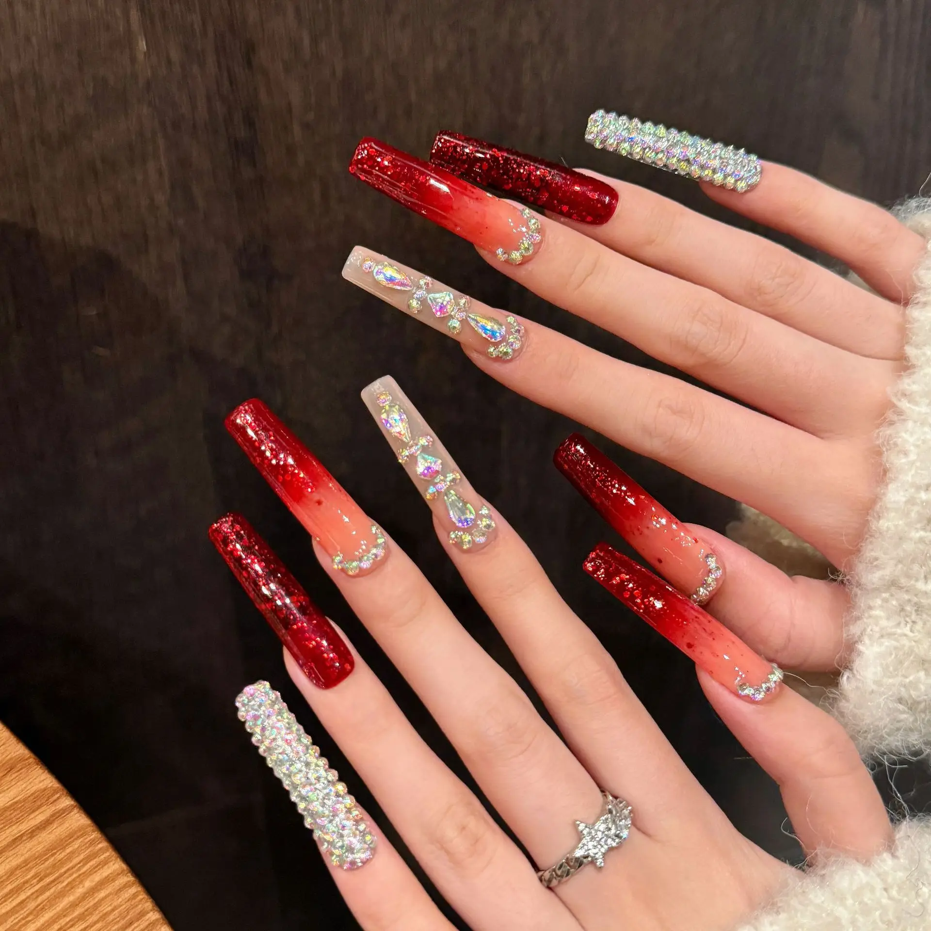 Handmade Press on Nails Heavy Metal Full Rhinestone Shiny Red Fake Nails Full Cover Wearable European Extra Long False Nail Tips