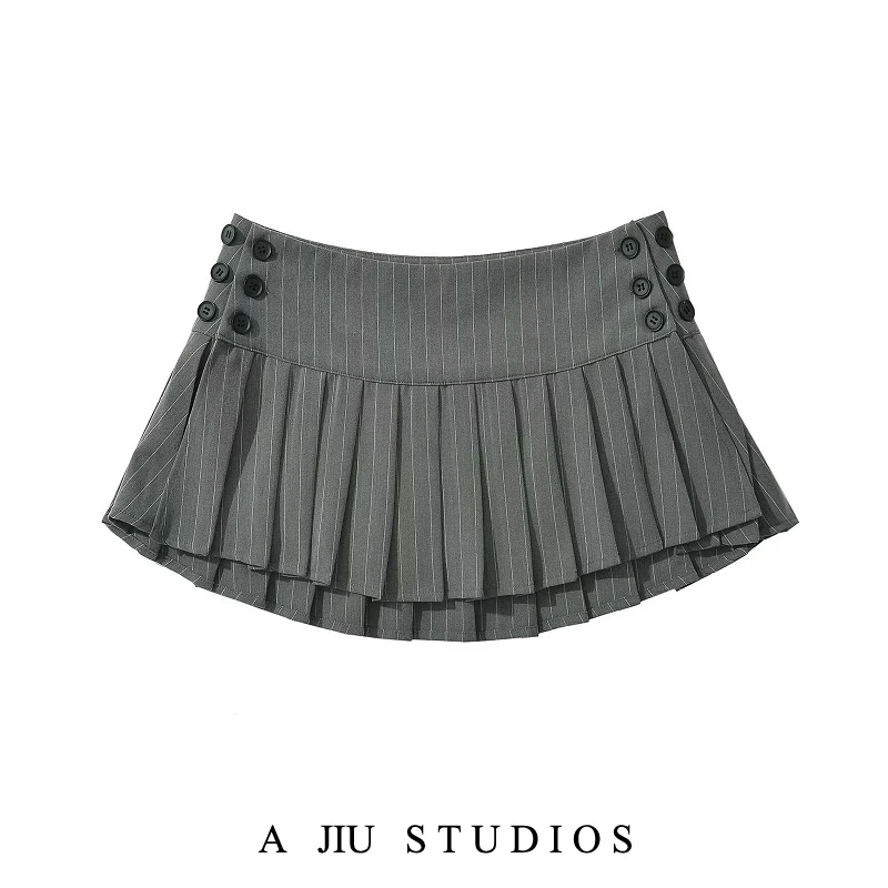 American Retro ey Vertical Stripes Suit Fabric Low Waist A-Line  Skirt Women's Versatile Sexy ort Skirt