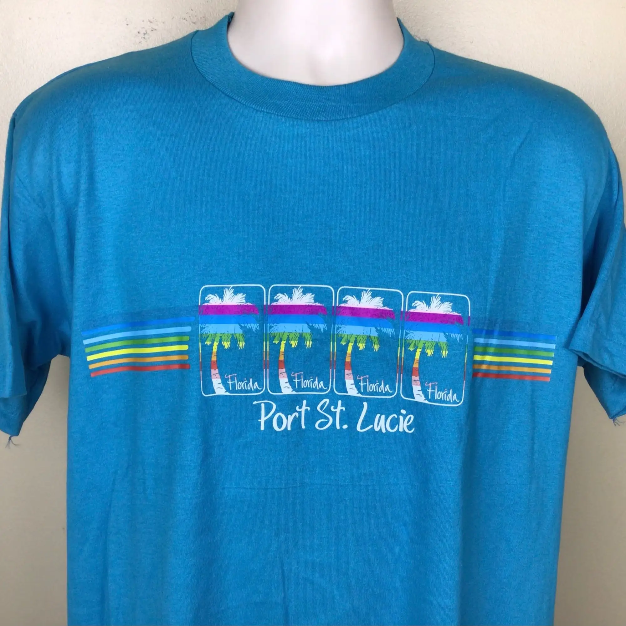 Vtg 80s Port St Lucie Florida TShirt Turquoise Blue L Velva Sheen Rainbow Stripes Tourism Destination