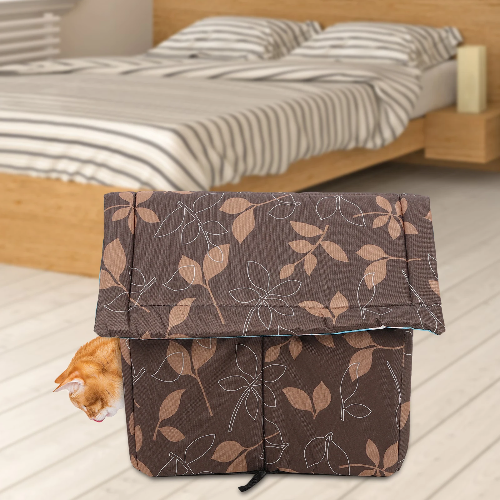 

Pet Nest Semienclosed Foldable Cat Dog House Waterproof Oxford M Size Leaf Brown Outdoor Shelter Warm Tent