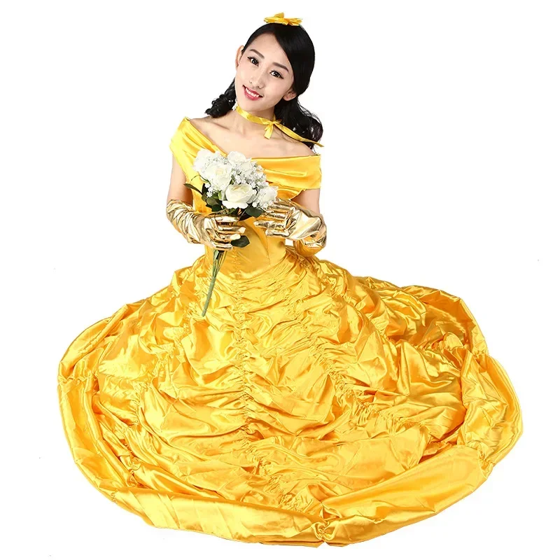 Nuevos adultos Cosplay Navidad mujer princesa bola La Bella y La Bestia disfraz de Bella para niños vestido amarillo elegante W MN3