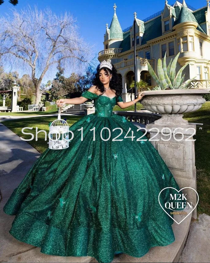 Smaragdgrün funkelnde Quince anera Kleider schulter frei Luxus Korsett ohne Knochen geschwollenen Rock Vestidos de 15 Quinceañera Verde Menta