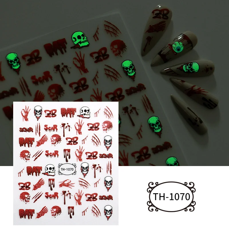 2 pezzi Halloween notte luminosa stile scuro fantasma teschio gatto palmo sanguigno 3D autoadesivo nail art adesivo manicure fai da te
