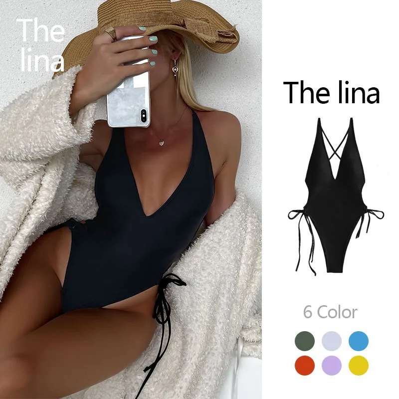 

2025 Summer Solid Swimming Suit Sexy Plunging 1 Pcs Swimsuit Lace Up Women's Swimwear For Women High Cut Monokini Beachwear