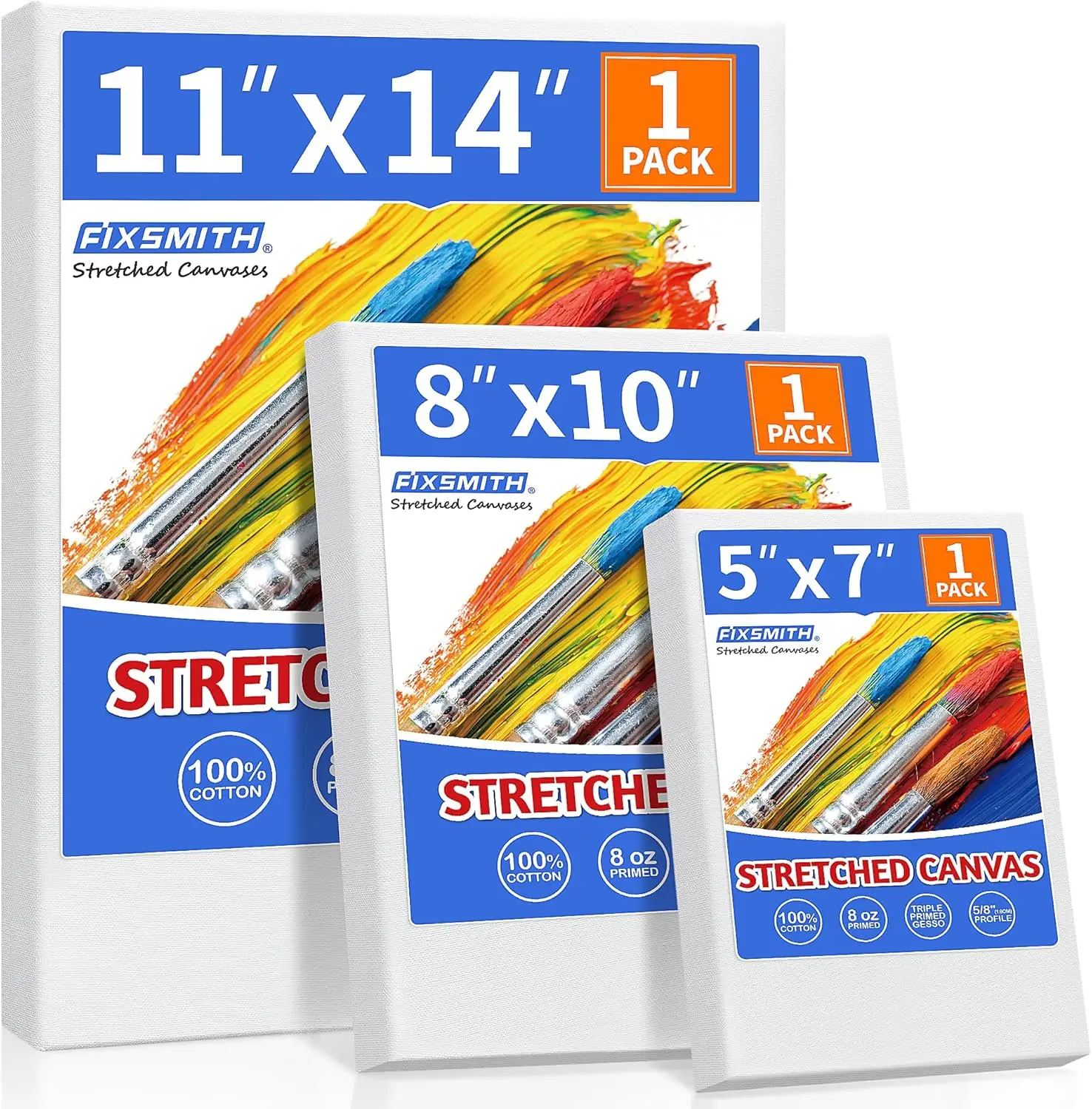 

Stretched Canvas for Painting, 3 Pack: 5x7, 8x10, 11x14, Pre-Primed, Wood Framed, Blank White for Acrylic, Oil, Gouache