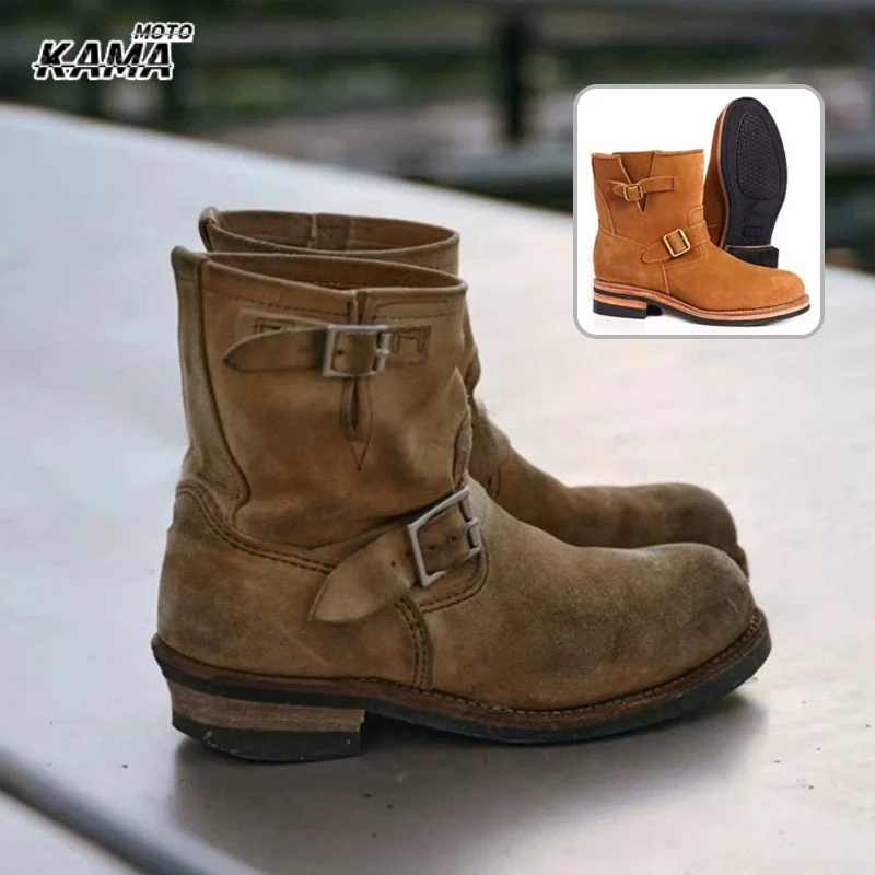 

Ретро мотоциклетные ботинки средней высоты, кожаные, цвета хаки, с джинсовыми вставками, мужские модные ботинки