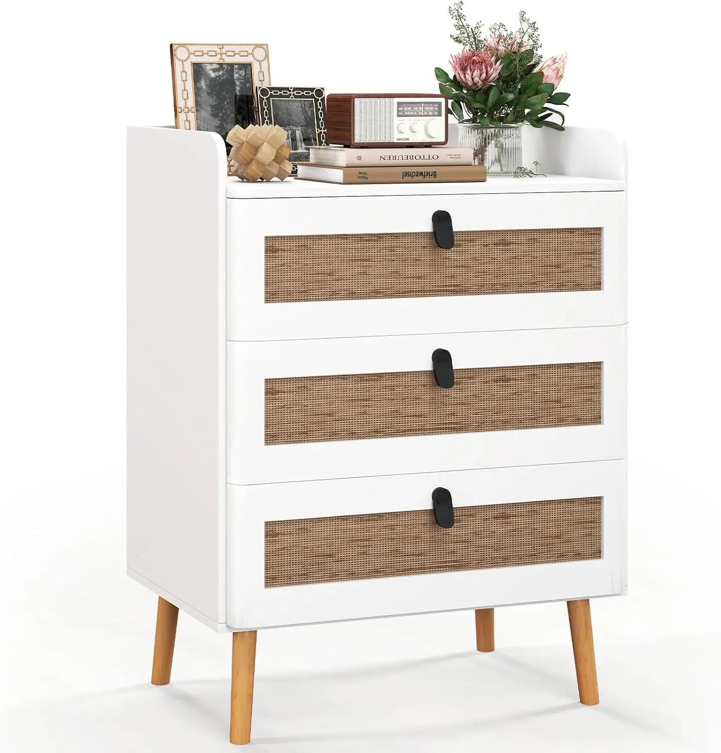 Rattan Nightstand, Boho 3-Drawer Dresser with 4 Solid Wood Legs, 29.5