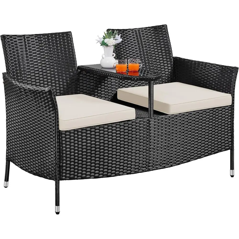 

Patio Loveseat, Outdoor Wicker Double Chair w/Side Table, PE Rattan urniture Set or Two People, Love Seat w/2 Removable Cushions