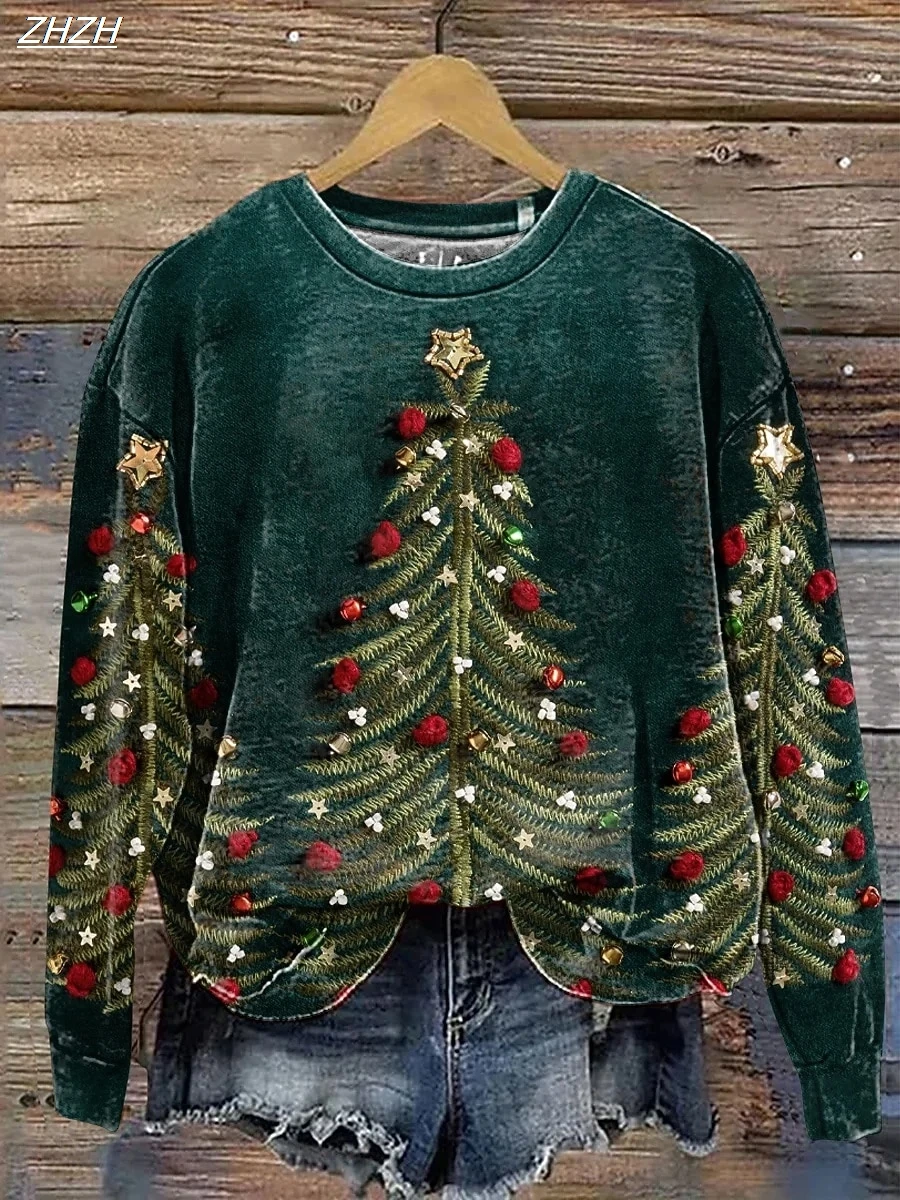 بلوفر نسائي سويت شيرت جرافيك شجرة عيد الميلاد موضة عادية كم طويل رقبة دائرية بلوزات عادية ملابس الشارع الشهير 2025 خريف شتاء #3