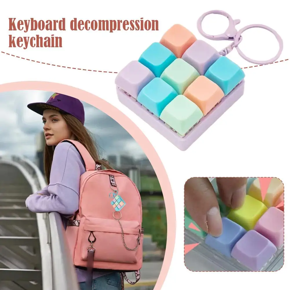 Keyboard Decompression Keychain 9-Key Grid Fidget Toy Stress Relief Portable Press Block Keyring Exquisite Colorful Bag Pendant