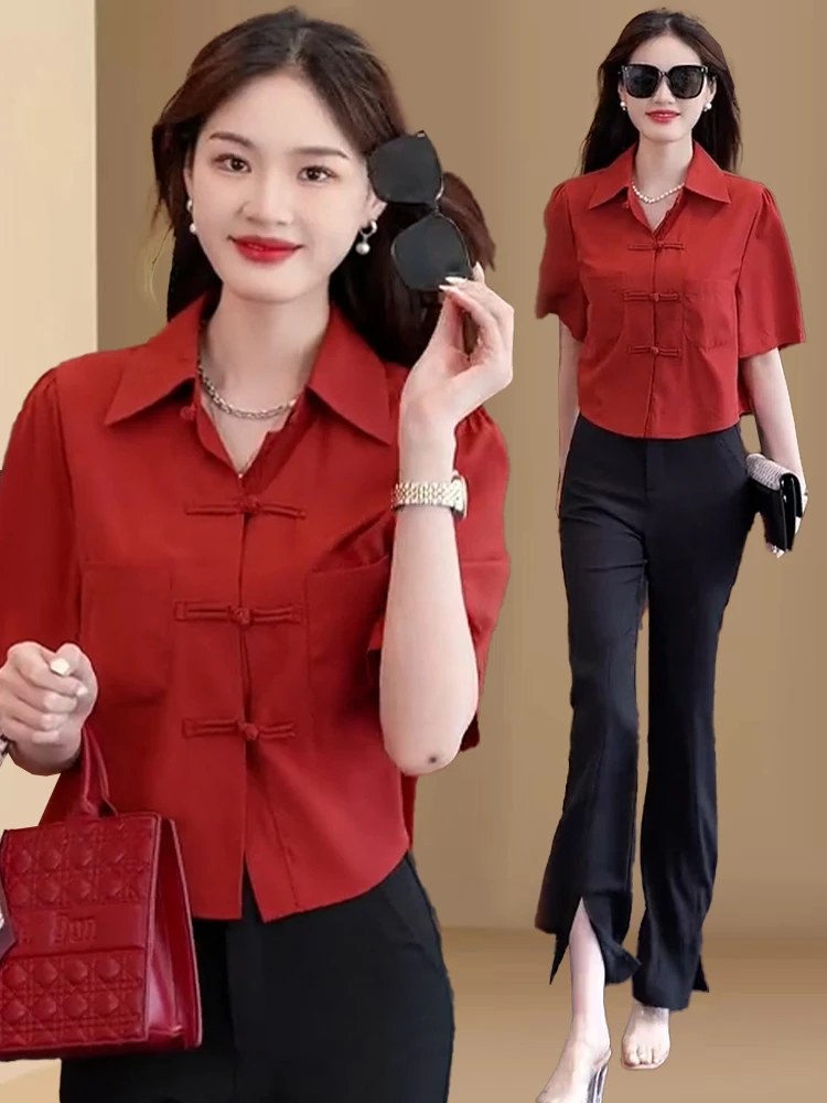 신상 중국 스타일 루즈핏 여성 여름 패션 소형 사이즈 슬림핏 버튼 디테일 출퇴근용