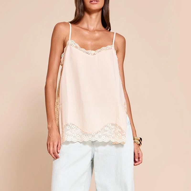 

Combhasaki женские летние элегантные прозрачные атласные шелковистые майки с цветочной кружевной отделкой в стиле пэчворк Y2k шелковистые рубашки с v-образным вырезом с разрезом по бокам и открытой спиной