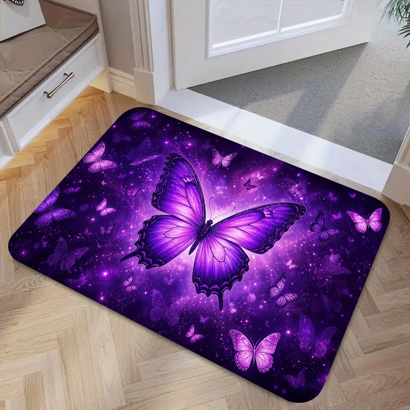 Purple Galaxy Big Glowing Butterfly Non Slip Doormat Magical Dreamy Floral Front Entrance Rug Indoor Outdoor Home Floor Decor