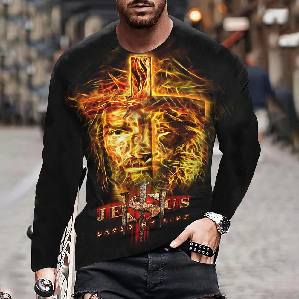 Moda jesus cruz padrão t camisa para homem 3d leão impressão manga