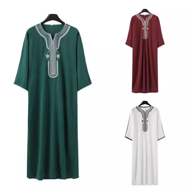 Men Embroidered red white Jubah Short Sleeve Moroccan Loose Ethnic Style Arab Robe