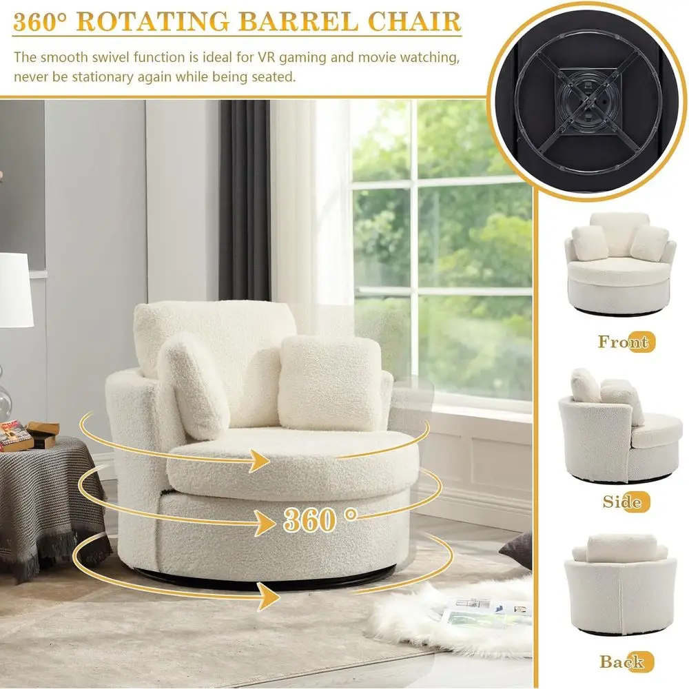 كرسي نادي دوار كبير الحجم باللون العاجي مع دوران 360 درجة و3 وسائد لغرفة المعيشة أو غرفة النوم أو المكتب