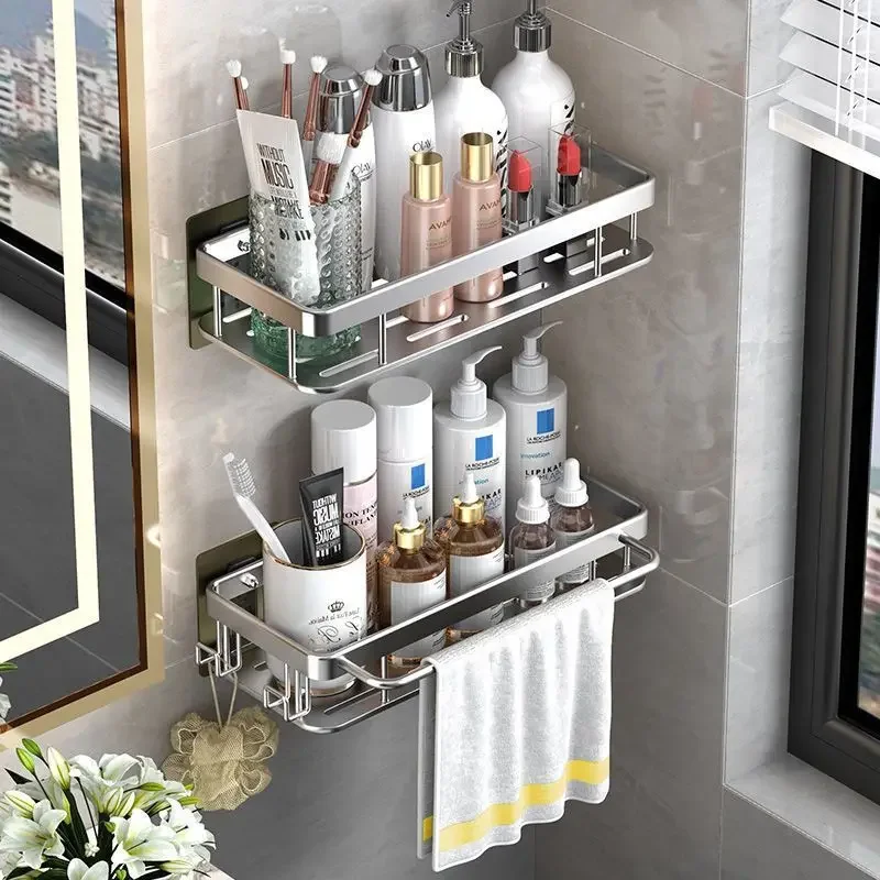 Badezimmer-Wandregal, stanzfreies Kosmetik-Aufbewahrungsregal, multifunktionales Toilettenartikel-Organizer-Rack mit Haken, Badzubehör