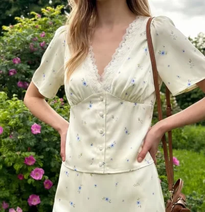 Yellow Satin Ditsy Floral Outfit Vintage V Neck Lace Puff Short Sleeve Top  High Waist Flowy Midi Skirt Summer Elegant Clothing
