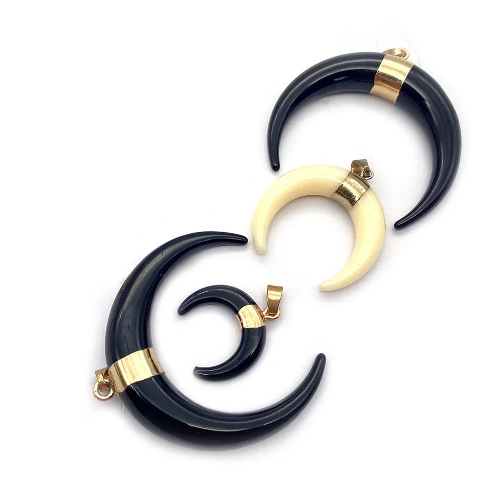 Moon Shape Resin Bull Horn Vintage Pendant Black White Charm DIY Jewelry Fashion Making Necklace Earrings  Accessories