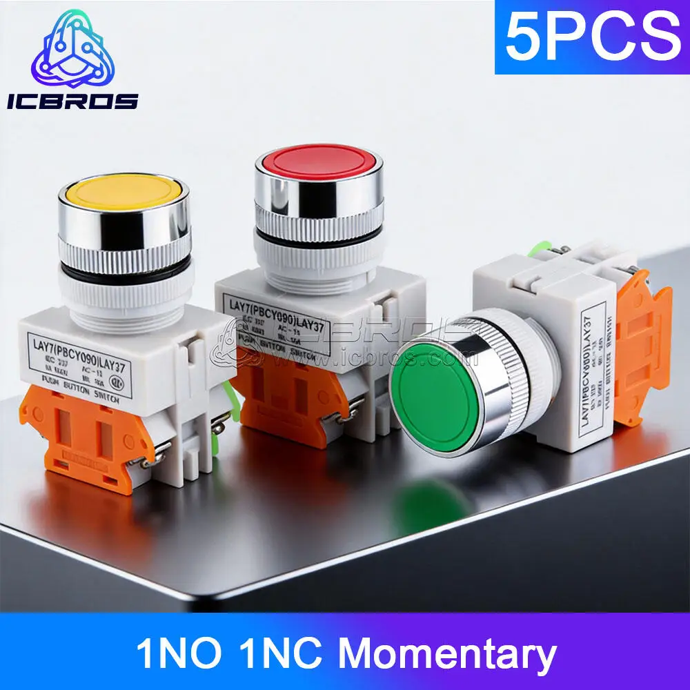 10pcs LAY37-11BNZS 1NO 1NC Momentary Push button switch Y090-11BNZS Flat Button Self-Locking Switch Silver Contact Red Green