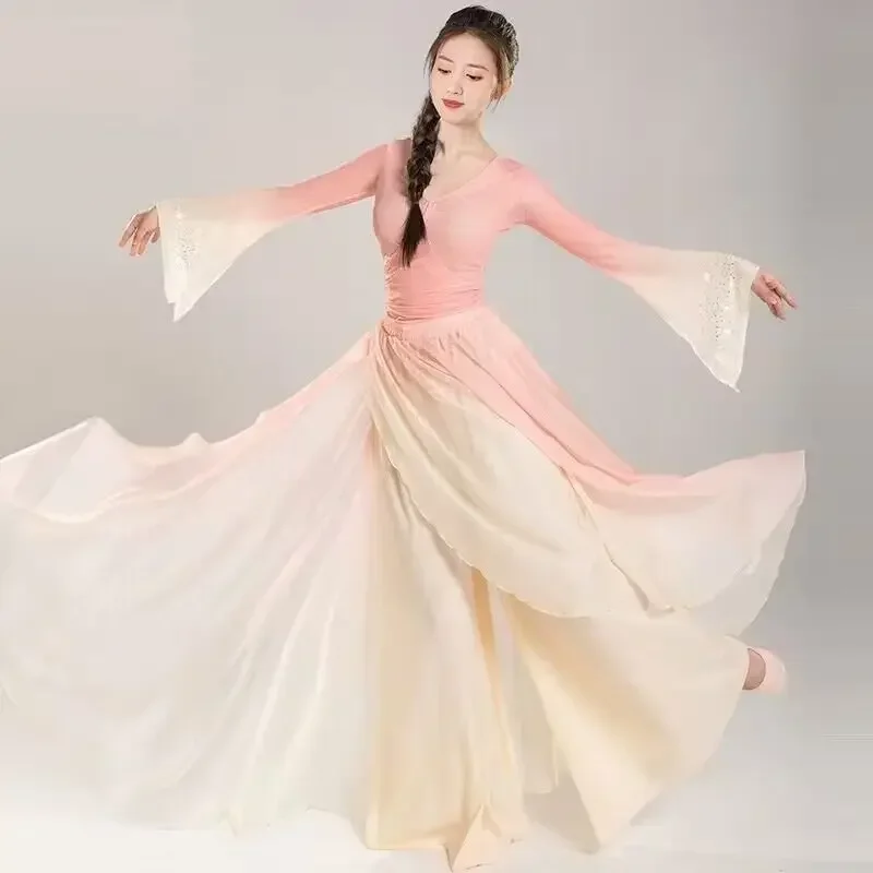 Trajes de desempenho de dançarina clássica chiffon prática roupas de dança corpo longo exterior verde rosa estilo chinês vestido de dança folclórica