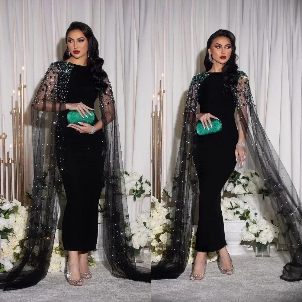 

Customized Black Exquisite Evening Dresses Ankle Length Prom Dress with Cape Beaded High Quality Occasion Formal Gown for Women