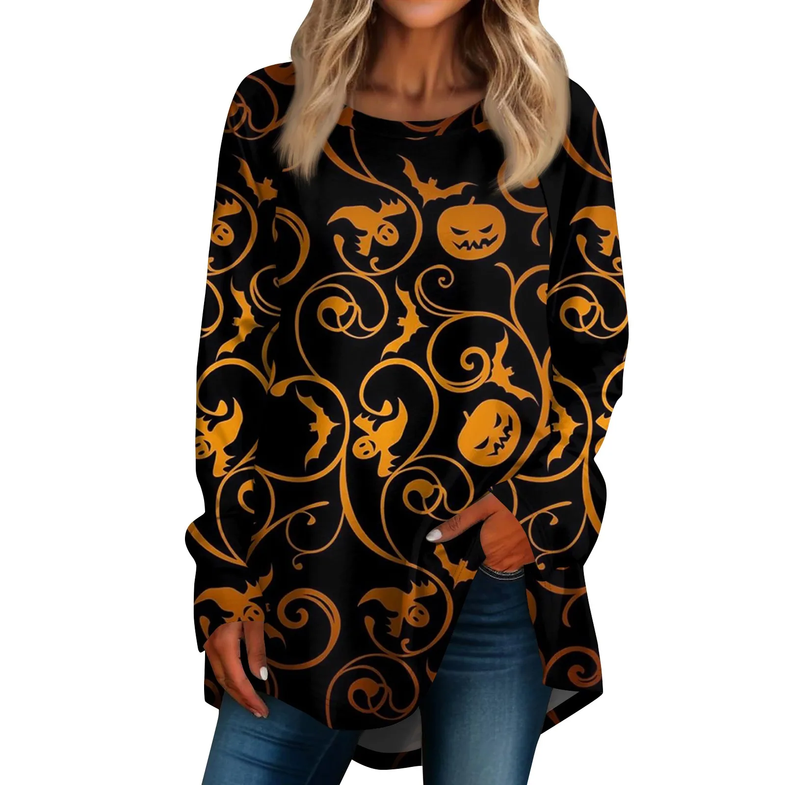 Halloween Women\'s Casual Plus Size Long Sleeved Round Neck Retro Printed T-shirt Top Top female футболка женский Roupas Feminina