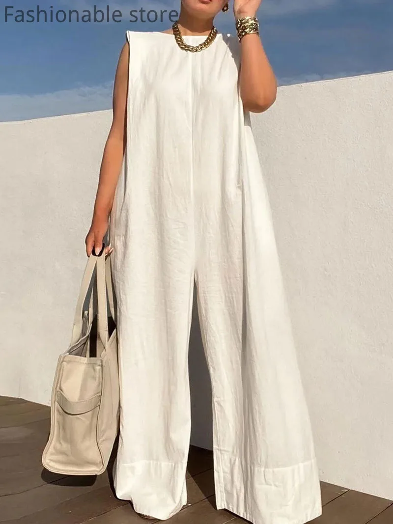 Women Casual Solid Color Sleeveless Round Neck Wide Leg Loose Jumpsuits