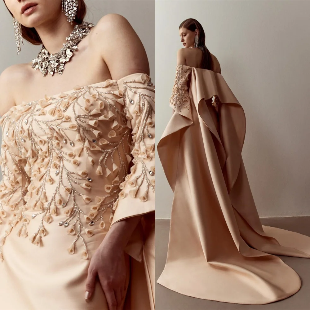 Customized  Classic Champagne Satin Evening Dress Exquisite Strapless Off the Shoulder Long Sleeves Crystal Homecoming