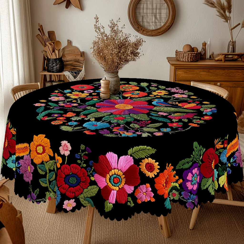 1 Piece of Floral and Bird-Themed Round Tablecloth, Available in Various Sizes, Featuring Vibrant Embroidered Flowers and Lively Birds, Round Decorative Tablecloth with Embossed Edges, Suitable for Home Decor in All Seasons, for Use in Family Dining Rooms, Kitchens, Living Rooms, and Balconies, Spring Atmosphere Decoration, All-Season Decoration