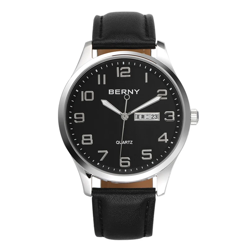 BERNY Men Quartz Watch Miyota 2105 Date Calendar Genuine Leather Classic 3ATM Waterproof Male Dress Business Wristwatch