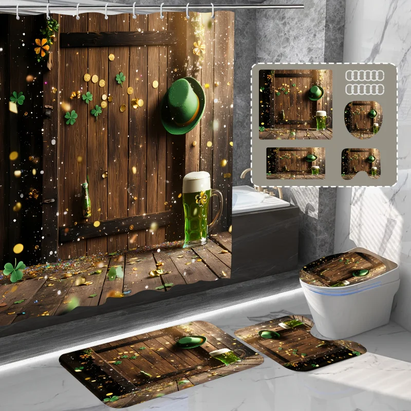 1pc/4pcs St. Patrick'S Day Bathroom Set, Vintage Country Wood Panel Door Shower Curtain, Green Clover Farmhouse Plank Design, Wa