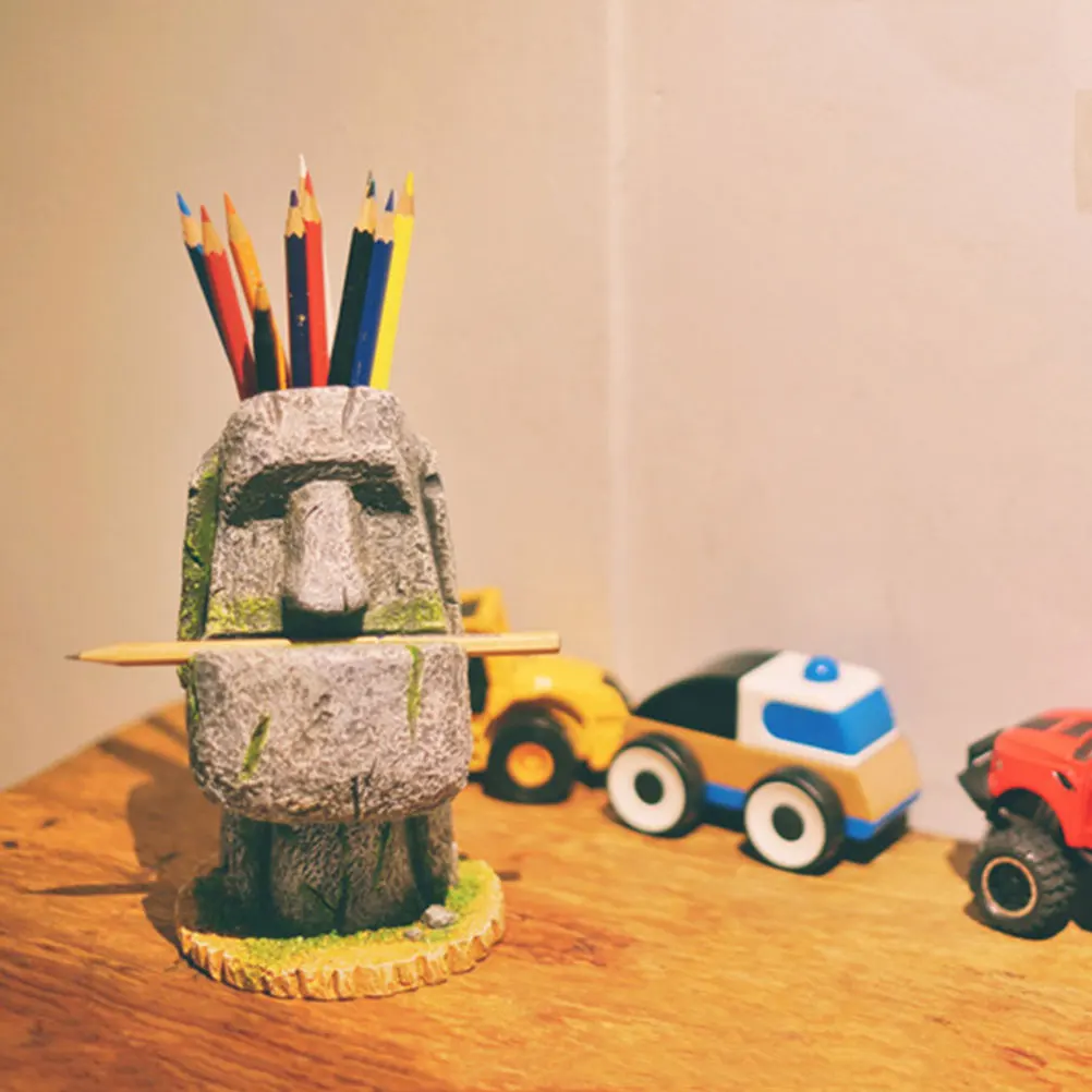 

Moai Statue Resin Desktop Decorative Pencil Moai Statue Design Pen Container Container Home Office ganizer Pen Holder Gift