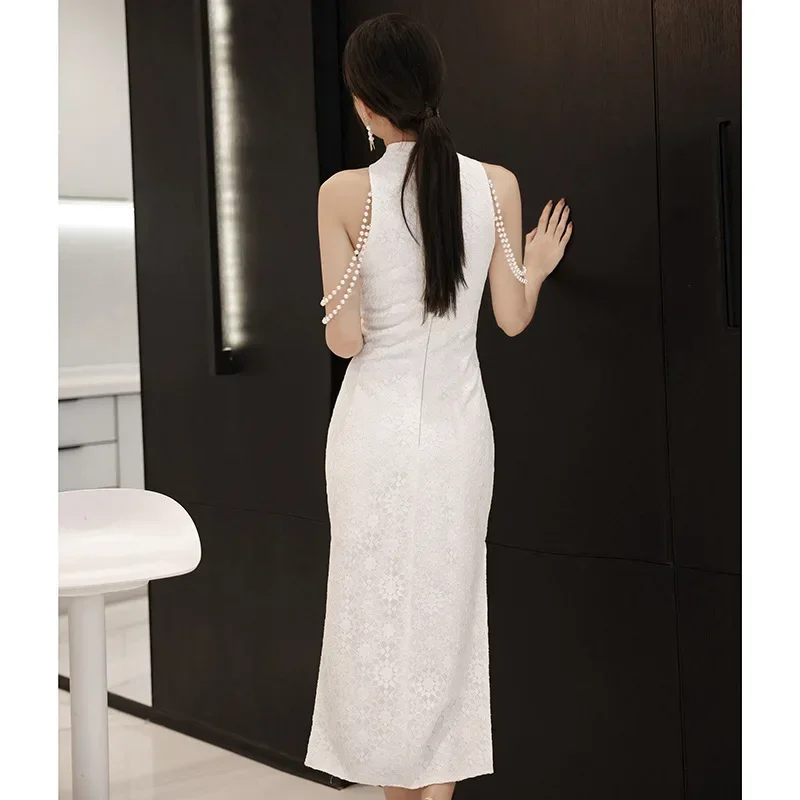 Elegant Chinese Style White Improved Qipao High Split Evening Dress Women's Party Gown Robe De Soiree