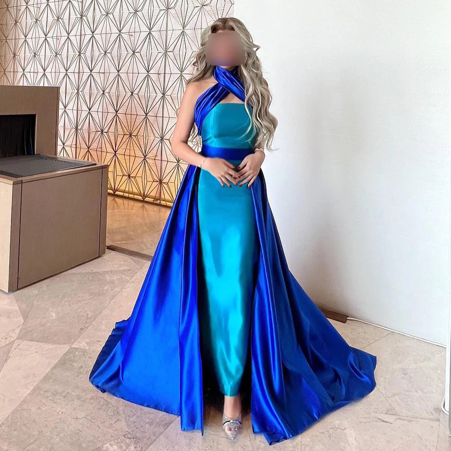 Sharon Said  Royal Blue Contrast Turquoise Dress with Overskirt Criss Cross Halter Women Wedding Party Dress SF012 Customized