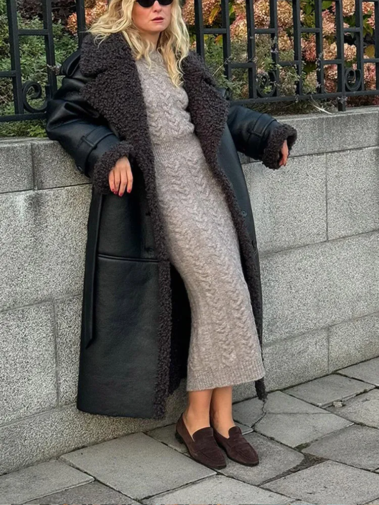 2024 Winter New Faux Fur Leather Overcoats For Women Elegant Black Patchwork With Belt Long Jacket Female Warm Thickened Outwear