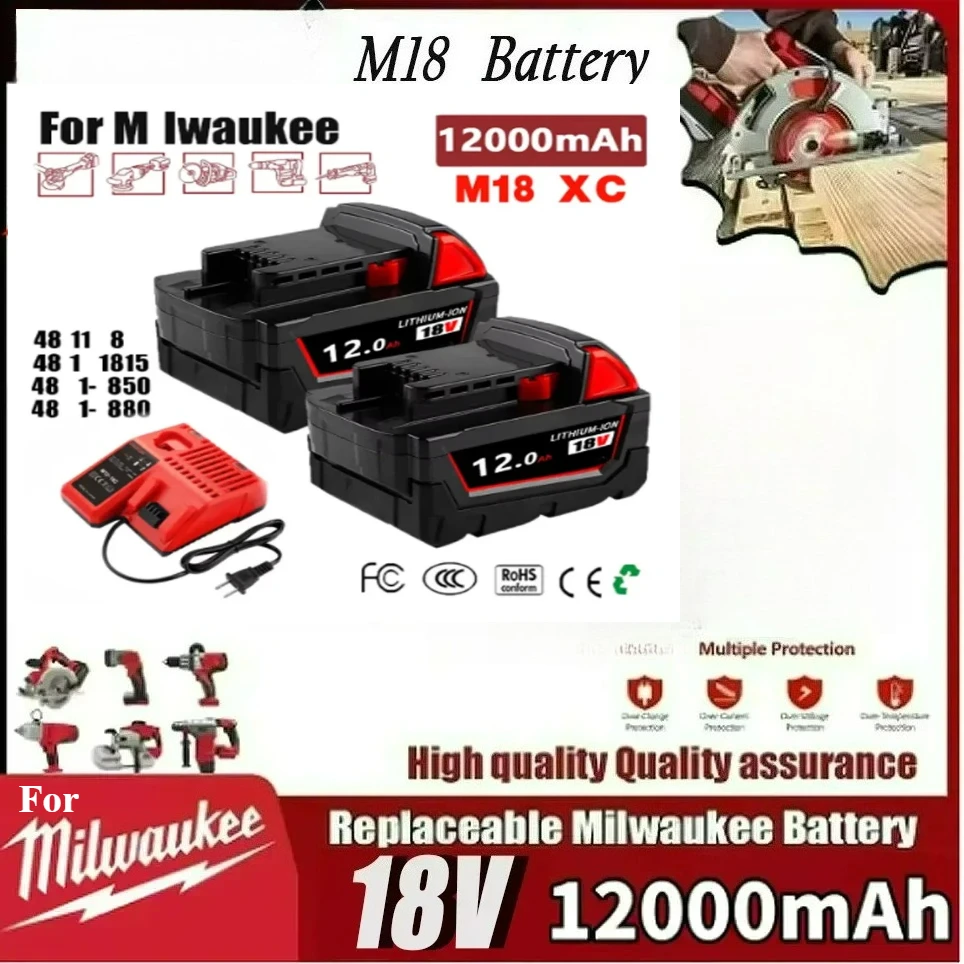 

100% New 18V 12.0Ah For Milwaukee M18 Battery Li-Ion Replacement Battery For Milwaukee 18V M18 48-11-2830 0730-20 Tool battery