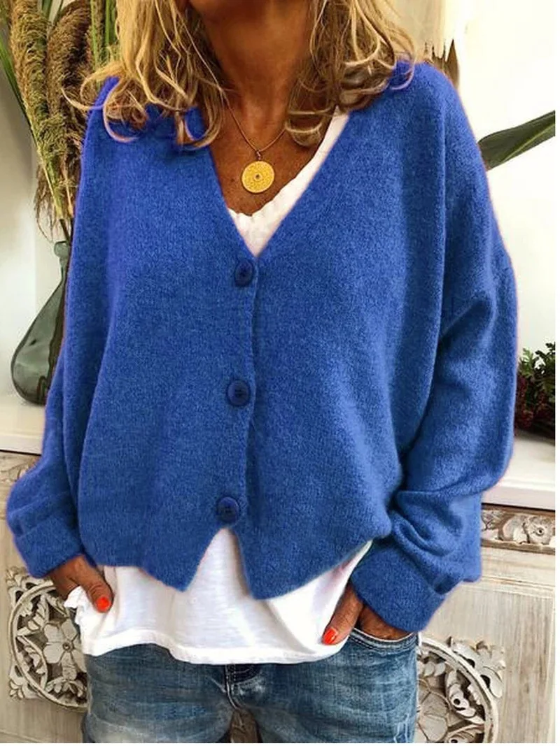 

Women's Spring and Autumn New Loose Knit Cardigan, Solid Color V-neck Long-sleeved Single-breasted Loose Knit Sweater Coat S-3XL