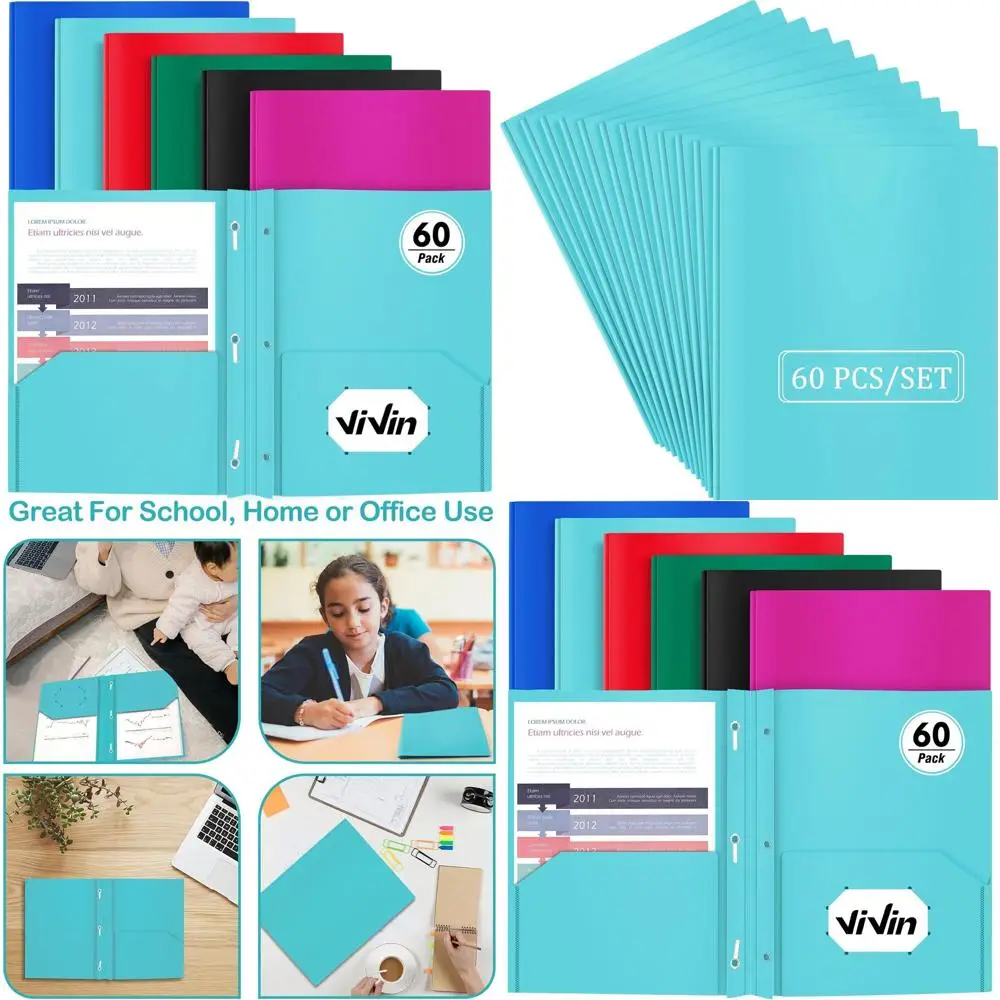 

Durable Letter Size Plastic Pocket Folders with 3-Prong Fasteners, 60 Pack, Assorted Colors