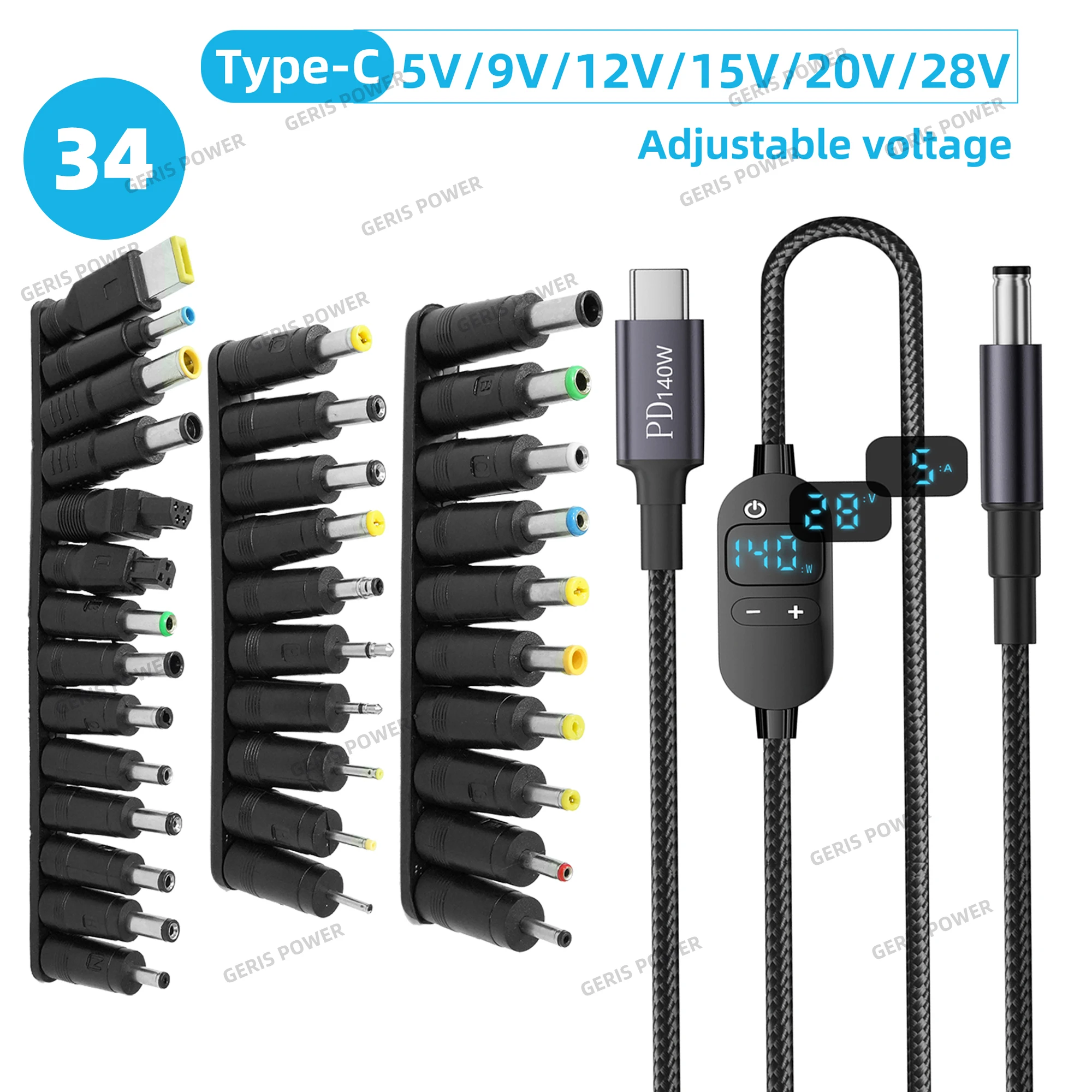 Typ C auf DC Power Boost Kabel USB-C auf 5V 9V 12V 15V 20V Einstellbare Spannung Ladekabel 34pcs DC Stecker Jack Laptop Anschlüsse