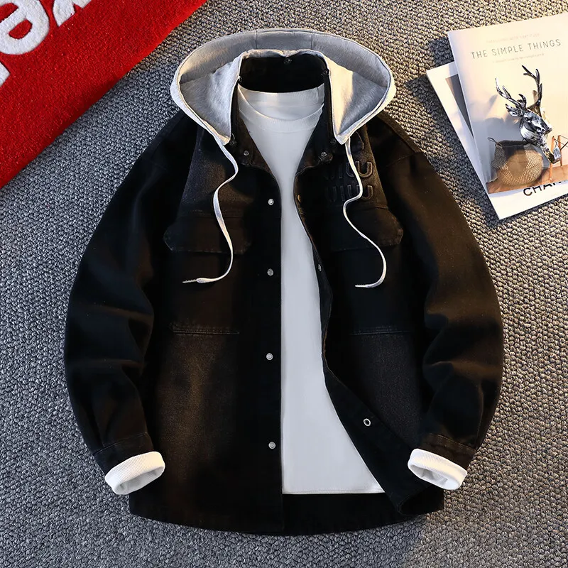 2025 spring Men Solid Denim Jackets Fashion Motorcycle Vintage Jeans Jackets Hommes Slim Fit Cotton Coat Casual Hooded Coats